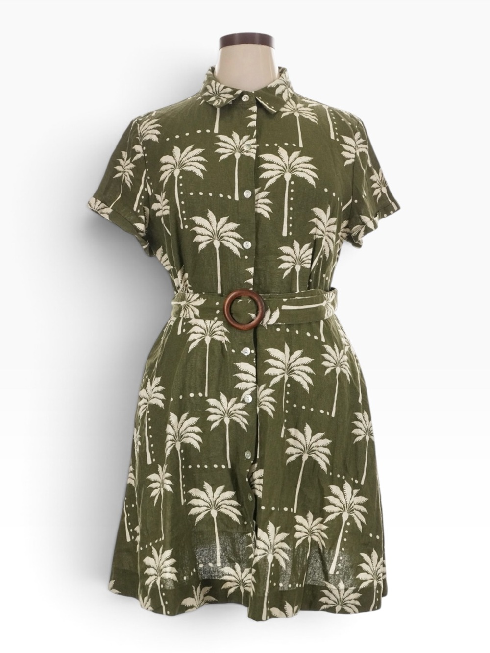 Tahari XL Linen Blend Palm Tree Shirt Dress Green Belted Tropical NWT